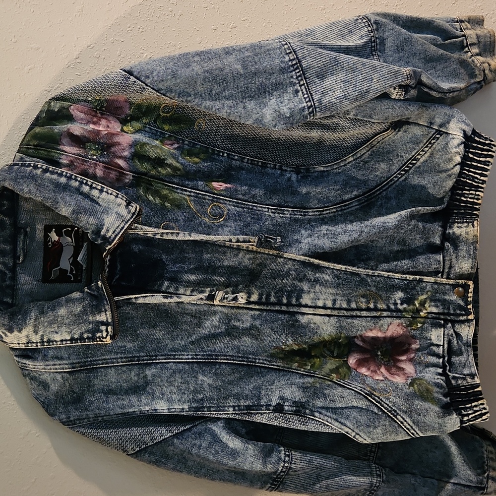 Vintage Acid Wash Denim Jean Bomber Jacket Y2K Ruth Douglas Floral Size Medium